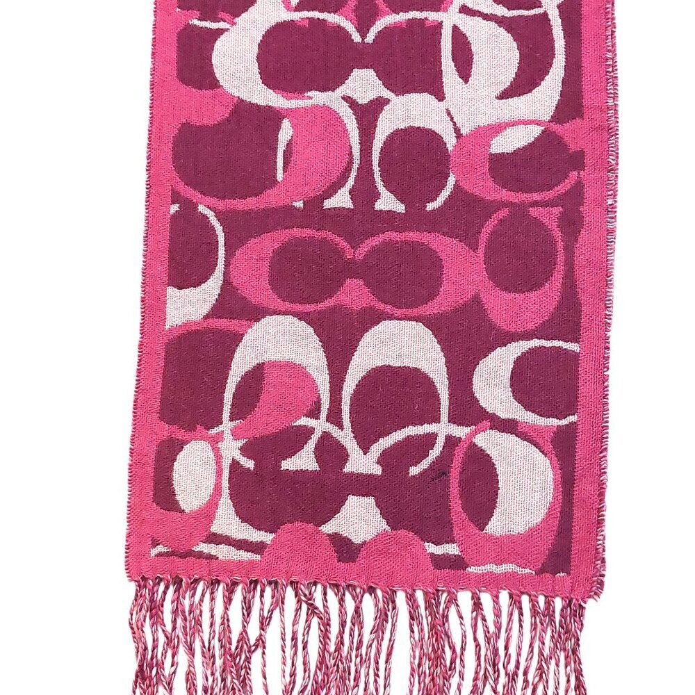 COACH Pink Multi-Color Monogram C Logo Merino Wool Pre-owned Fringed Scarf - Picture 4 of 16